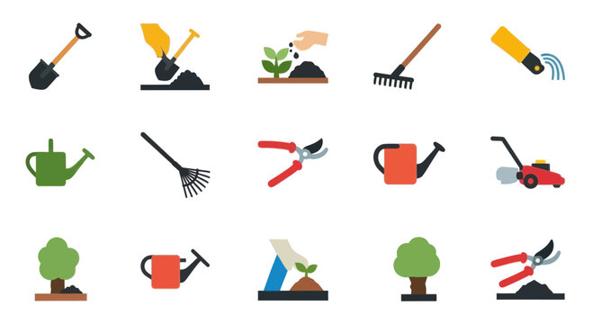 Gardening Tools and Planting Icons: Shovel, Rake, Watering Can, Lawn Mower