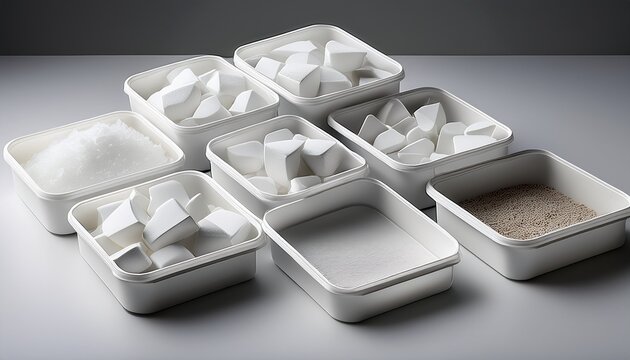 several white rectangular containers one is filled with irregular white pieces another has its lid open a third container sits nearby