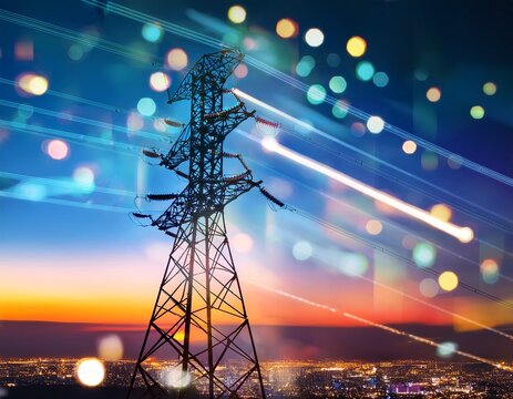 silhouetted high voltage tower stands against the backdrop of a vibrant blurred city at twilight with twinkling lights