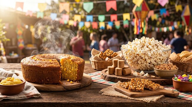Traditional Brazilian Festa Junina food table with steaming corn cake, popcorn, and peanut sweets