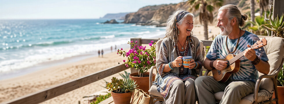 Senior woman and man playing ukulele on terrace overlooking summer beach ocean. Banner with copy space