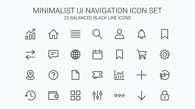 Modern minimalist UI navigation icon set for web and mobile applications. Clean line vector graphics for user interface design projects