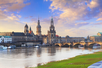Fototapeta premium Cityscape - view of Bruhl's Terrace in Dresden on the banks of the Elbe River, Saxony, Germany