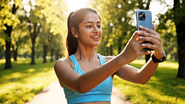 Young woman in sportswear checking her phone during outdoor exercise.