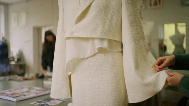 Close up of a textured white garment on a dress form, with a designer adjusting the wide sleeve