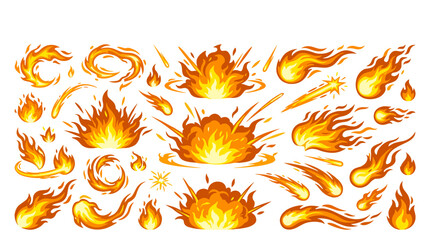 Naklejka premium Fiery Display: A collection of dynamic, blazing fire elements, featuring various shapes and forms, perfect for illustrating power and energy.
