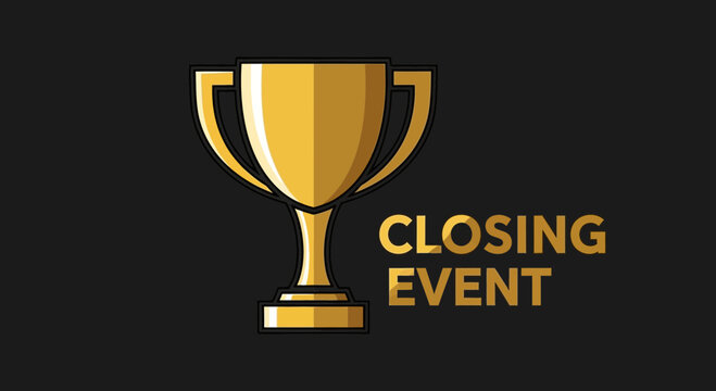 Closing Event Celebration Design With Golden Trophy on Black Backdrop, Winner Announcement