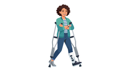 Healing and Hope: A woman smiles confidently as she recovers from an injury, embracing her journey towards wellness and resilience. She stands with crutches. © Duran