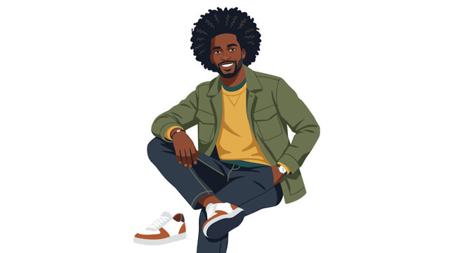 Stylish African Man: A stylish man, with an afro and a confident gaze, poses with a relaxed posture, dressed in contemporary attire.