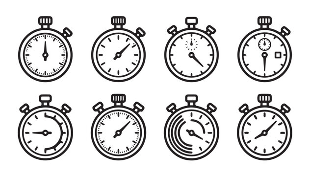 Collection of line art stopwatch icons in a grid pattern on a white background representing time measurement