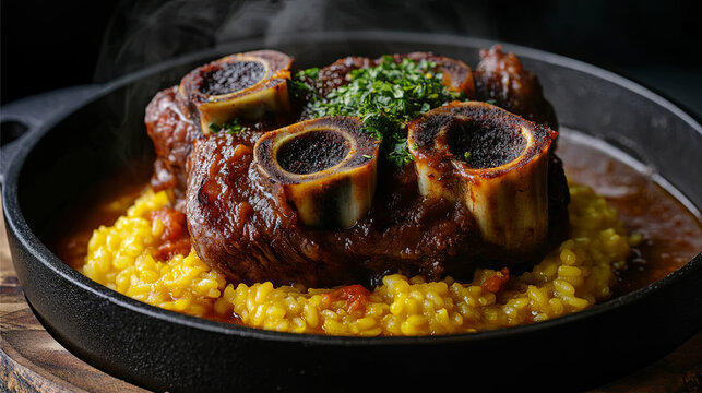 Hot authentic osso buco braised veal shanks bone marrow rich saffron risotto dark cast iron skillet