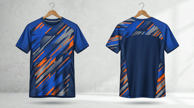 Maqueta de camiseta deportiva azul y naranja con elementos geom&eacute;tricos.