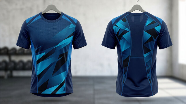 Maqueta de camiseta deportiva azul y negra con estampado geom&eacute;trico.