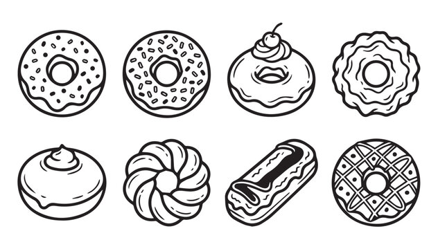 Collection of sweet pastry doodles isolated on white background with simple line art style