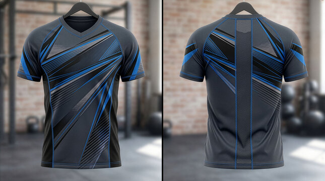 Maqueta de camiseta deportiva gris y azul con dise&ntilde;o geom&eacute;trico. 