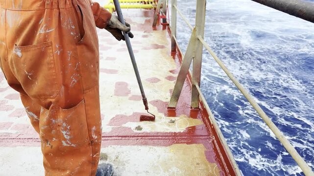 seafarer paint ship main deck by paint roller. daily work of the crew. maintenance of ship. hand work.