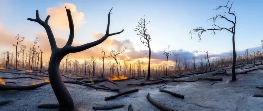 Extensive wildfire devastation leaving a charred forest landscape with smoldering logs under a dramatic sky, depicting ecological damage and climate change impact
