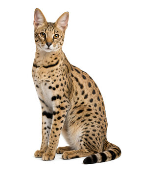 Savannah cat with spotted coat sitting and looking at camera on white background, studio portrait