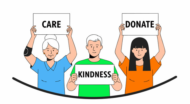 Kindness, Care, and Donate vector illustration depicting people holding signs promoting charitable acts and generosity