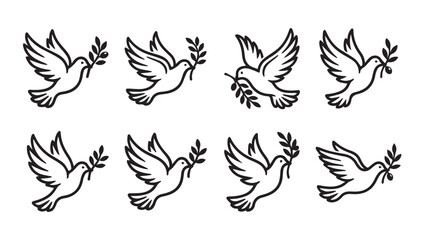 Naklejka premium Eight white doves flying with olive branches during daylight in simple line art style