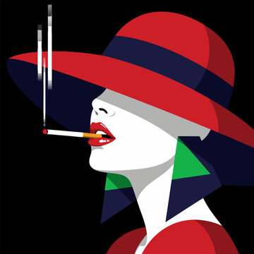Bold and stylish vector illustration of a woman wearing a wide-brimmed red hat and smoking a cigarette, presented with a graphic pop art aesthetic