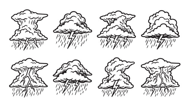 Eight stylized cumulonimbus cloud formations with lightning and rain in monochrome graphic illustration