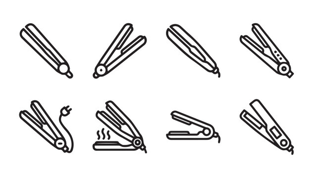 Hair Straighteners Collection Icons Minimalist Clean Outline Vector Isolated on White Background