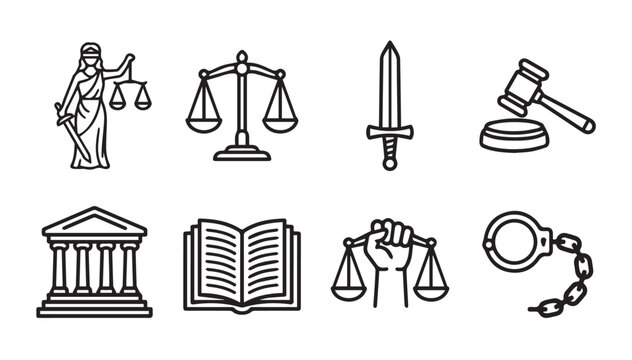 Justice symbols collection in simple outline style against white background for legal concepts
