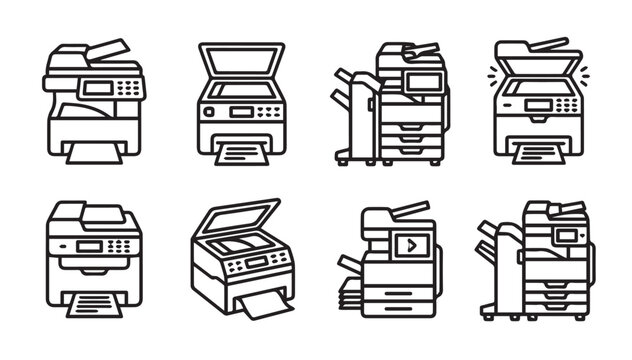 Office Printers Scanners and Copiers Set Isolated on White Background Line Art Style