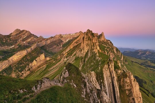 View of the Alpstein mountains in Appenzell, cloudless sky in the morning light, Canton Appenzell Innerrhoden, Switzerland