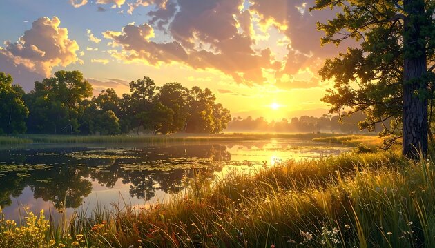 A serene waterscape, bathed in the warm light of a sunrise. The sun's rays cascade over a calm lake, lush grass, & trees
