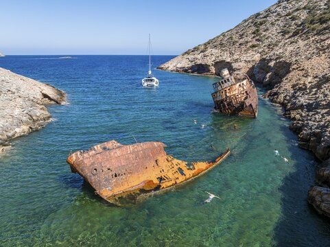 Aerial view, Shipwreck Olympia, Amorgos, Cyclades Island, Aegean Sea, Greece