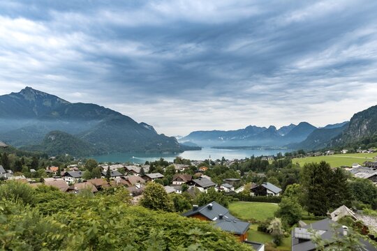 View of the Wolfgangsee and St. Gilgen, Salzkammergut, Salzburg, Austria