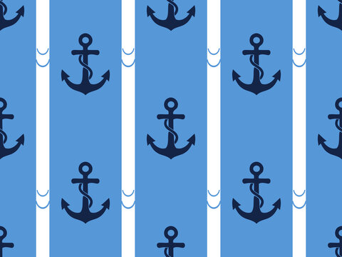 Nautical anchor seamless pattern blue striped marine background design.