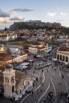 View over the old town of Athens, with Panagia Pantanassa Church, Tzisdarakis Mosque and Acropolis, Monastiraki Square, in the evening light, Athens, Attica, Greece