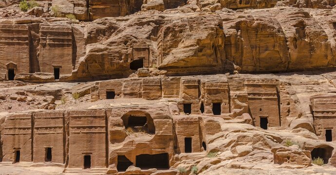 Rock carved houses, Nabataean town Petra, near Wadi Musa, Jordan