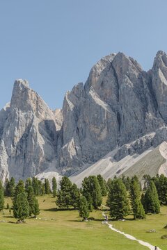 Hiking trail near the Gschnagenhardt Alm, Villn&ouml;&szlig; valley below the Geisler Peaks, behind the Geisler Group, Sass Rigais, Dolomites, South Tyrol, Italy