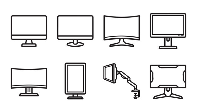 Various computer monitors and screens displayed in a simple line drawing style against a white background