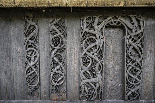 Artfully carved north portal, Celtic art with traditions of the Vikings, Urnes Stave Church, Romanesque church from ca. 1130, Vestland, Norway
