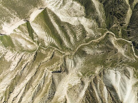 Dirt road in the Gorafe Desert with green surroundings after some rainfalls, aerial view, drone shot, UNESCO Granada Geopark, Granada province, Andalusia, Spain