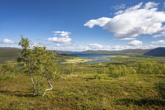 View of the Visttasjohka river delta and Lake Paittasj&auml;rvi, Nikkaluokta, Lapland, Sweden