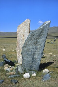 Funeral steles or deer stones, Sagsai river prehistoric burial site, Altai Mountains, Bayan-Olgii Province, Mongolia