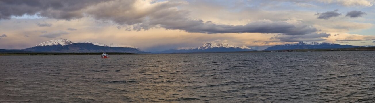 View over Seno Ultimo Esperanza Lake toward the Cordillera Riesco, Puerto Natales, Patagonia, Chile, South America