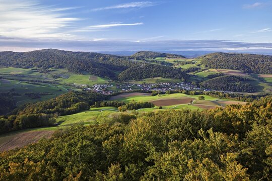 View from the Gisliflue of an autumnal forest with the Jura foothills behind, Talheim, Canton, Aargau, Switzerland