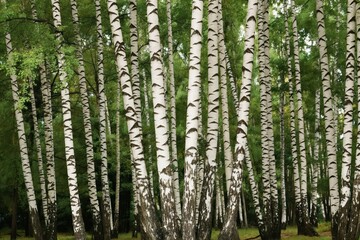 Naklejka premium Birch trees stand in a dense forest. White trunks with black markings create a natural pattern. Green leaves fill the canopy creating a summer woods scene. The forest floor is dimly lit.
