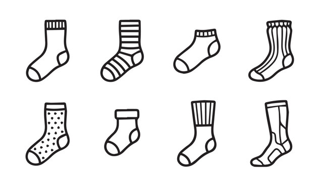 Various socks with different patterns and textures displayed on a white background in a clean line drawing style