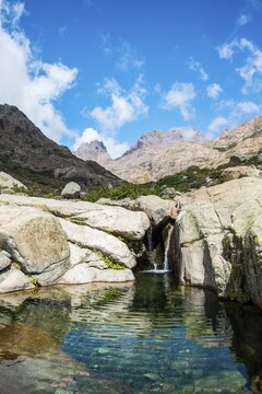 Pool with a small waterfall in the mountains, river Golo, Parc naturel r&eacute;gional de Corse, Regional Natural Park of Corsica, Corsica, France