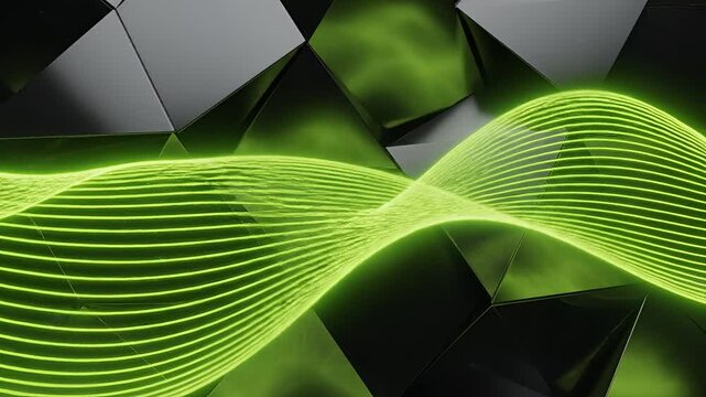Abstract Neon Green Wave Flowing Over Dark Geometric Background.