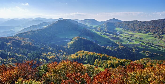 View of an autumnal forest from the Gisliflue, behind the Jura foothills with Wasserfluh and Strihen, Talheim, Canton, Aargau, Switzerland
