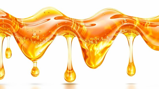 Golden honey flows in thick, glossy waves. Droplets fall softly, catching light. Ideal for food, health, or wellness themes. Clean white background enhances purity and richness